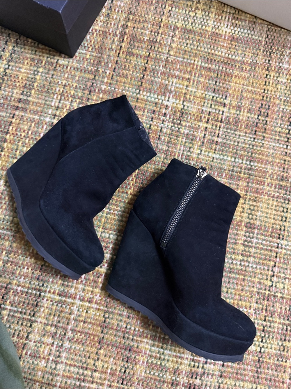 AllSaints Black Suede Wedge Zip Ankle Boots